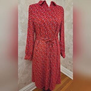 Amazon Essentials Red Floral Shirt Dress Button Front Belted Midi M